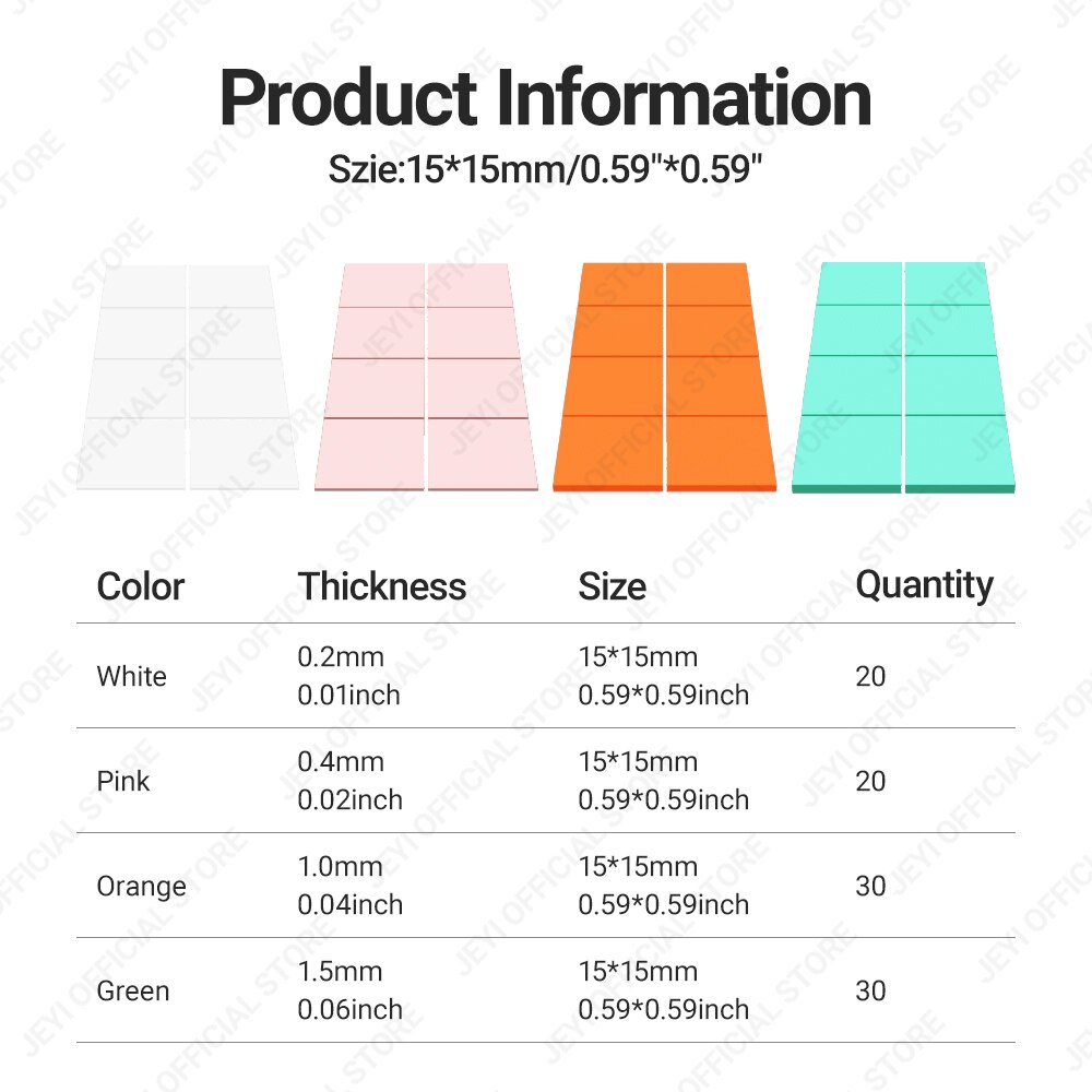 JEYI-Térmica Condutora de Silicone Pads para PC, dissipador de calor, GPU, CPU, placa gráfica LED, M.2 SSD, NVMe, NGFF, 100 Pacote