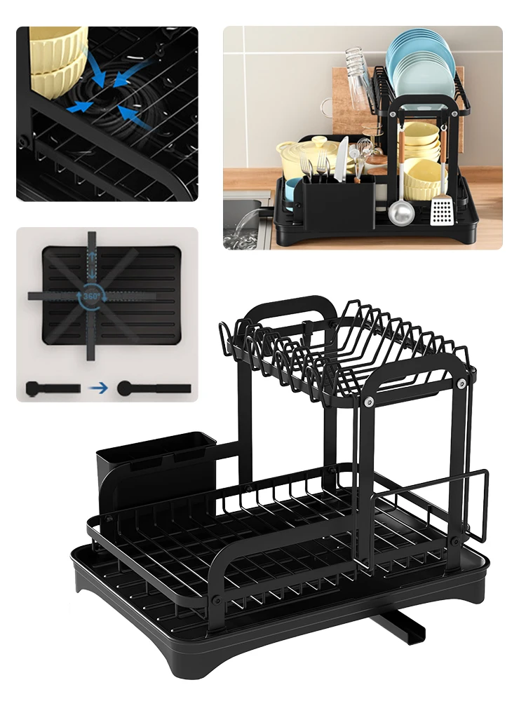2 ชั้นจานชามDrainer Storage Rackห้องครัวจานDrying Rackพร้อมตะกร้าระบายน้ําเคาน์เตอร์อาหารเย็นOrganizer Drainboard