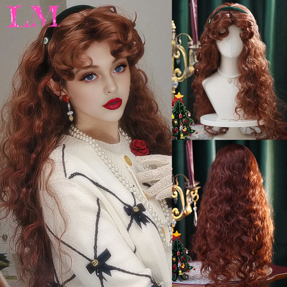 LM pelucas sintéticas rizadas cortas de jengibre y cobre rojo marrón para mujer, pelucas onduladas naturales con flequillo, pelo de Cosplay resistente al calor