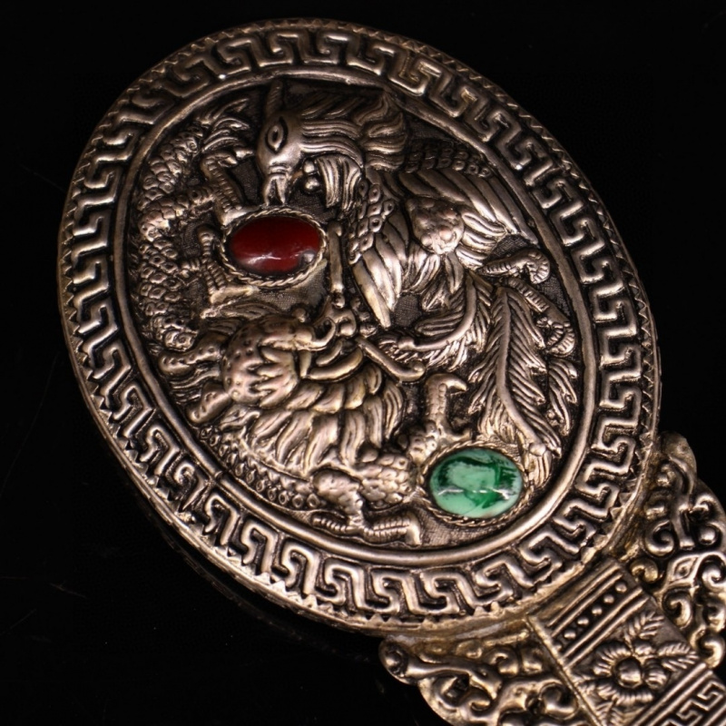 Old Collection Silver Inlaid Gemstone Hand Mirror from Countryside