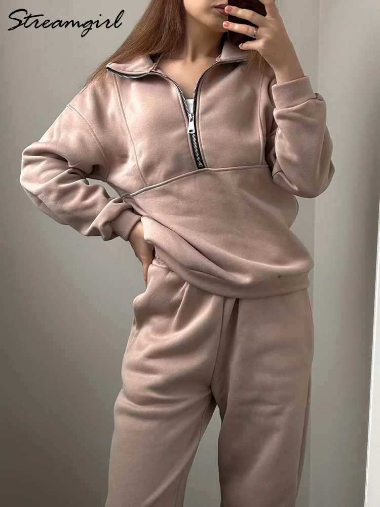 グレー暖かいフリーススーツ女性のための冬の厚いベルベットパンツセットスウェットパンツトレーナーレディース Warrn トラックスーツ女性 2 点セット