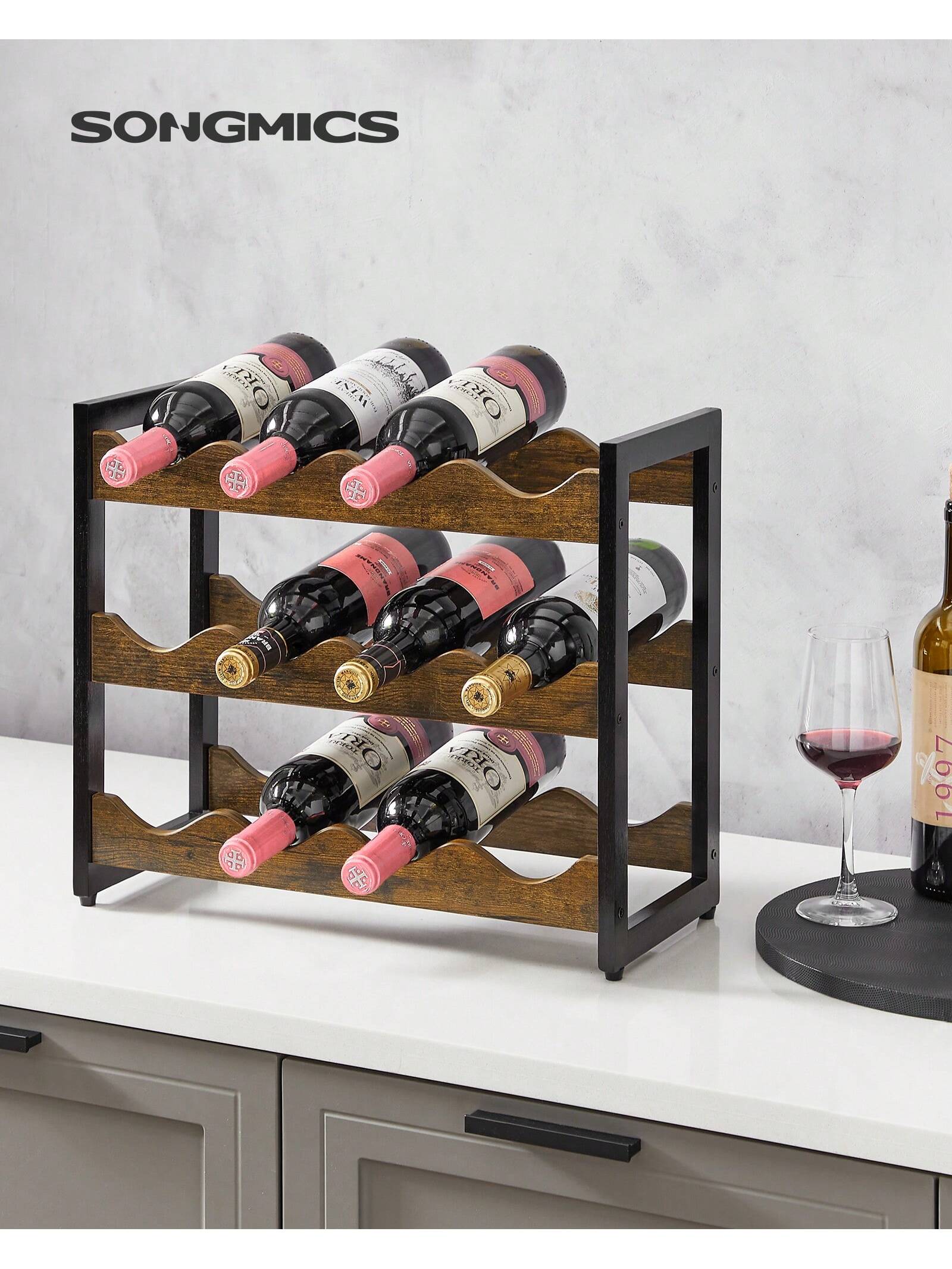 SONGMICS 3-Tier Bamboo Wine Rack for 12 Bottles, Countertop Storage Shelf, Home Bar Display, Kitchen, Dining, Pantry, Cupboard