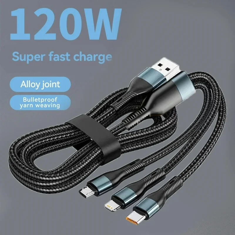 Cable 3 en 1 tipo C 6A 120W Cable de datos Micro USB de carga rápida cargador de teléfono Cable de carga rápida para iPhone Samsung Xiaomi Huawei
