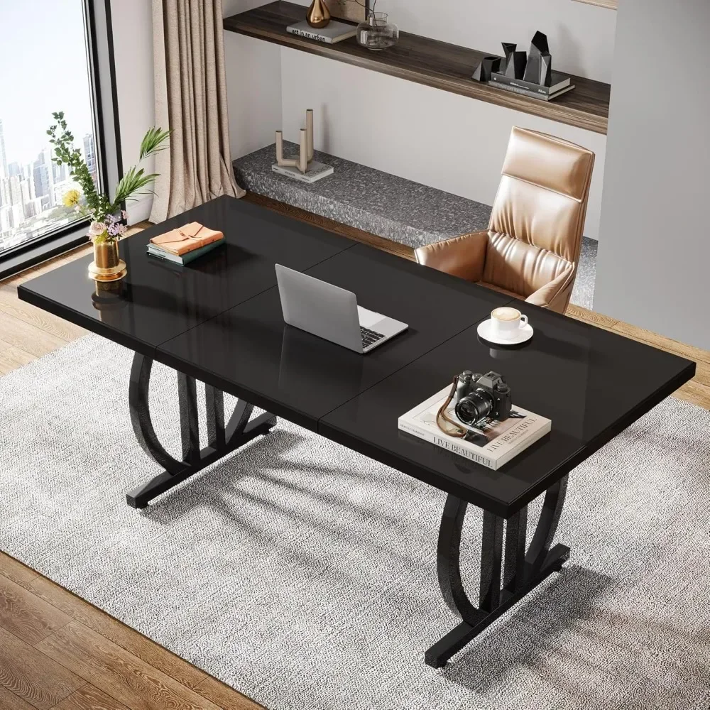 Computer Desk 63 Inch Large Modern Computer Desk With Metal Geometric Base Black Conference Table Gaming Office Furniture