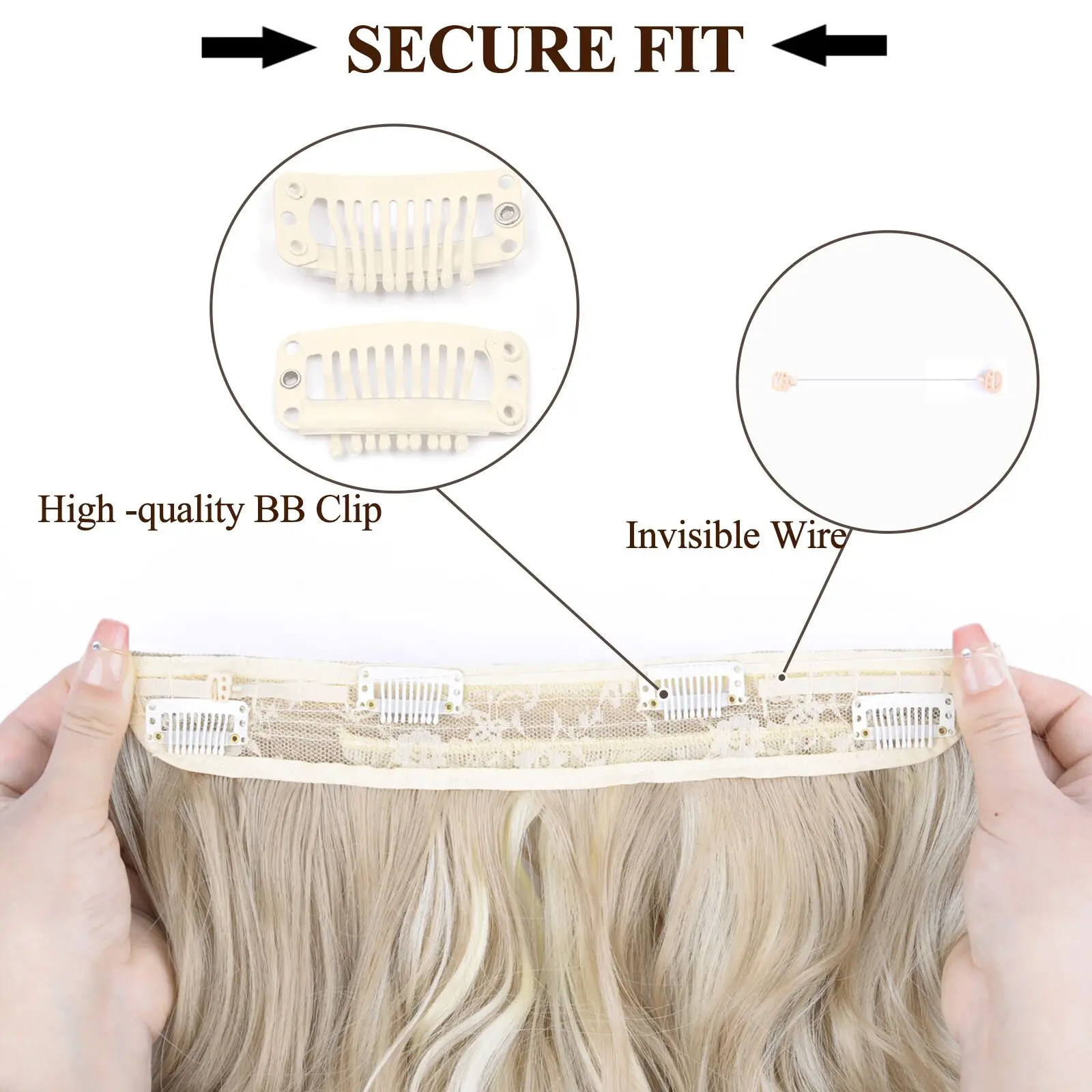Extensões de cabelo sintéticas com 4 clipes, fio invisível, longo, ondulado, linha de peixe natural, uma peça, extensão de cabelo falsa para mulheres