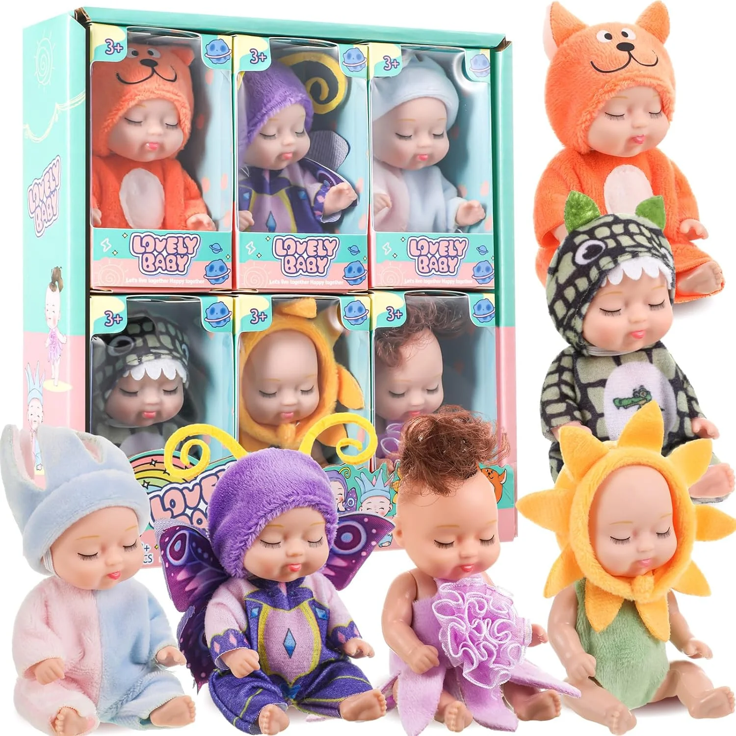 6/8Pcs Set Schlafen Mini Baby Puppen Reborn Lebensechte Spielzeug Nette Entzückende Puppen Mit Schmetterling Krokodil Sonnenblume komfort Spielzeug Geschenk