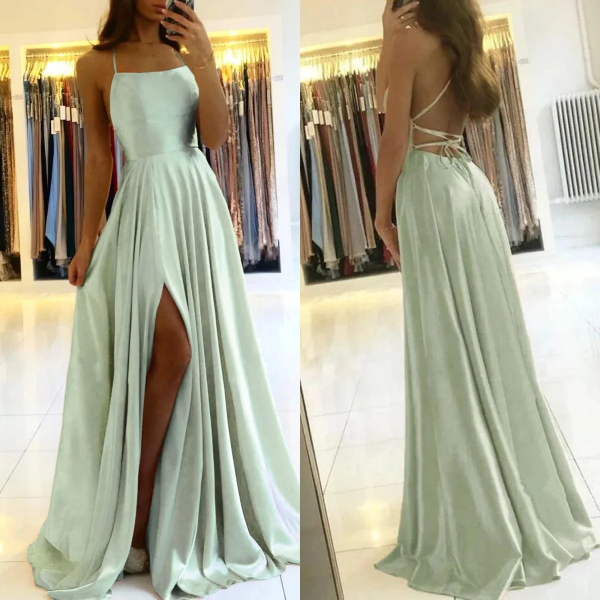 Vestidos de noite longos de cetim feminino, cintas simples, fenda sexy, sem mangas, baile de formatura, festa, baile, casamento