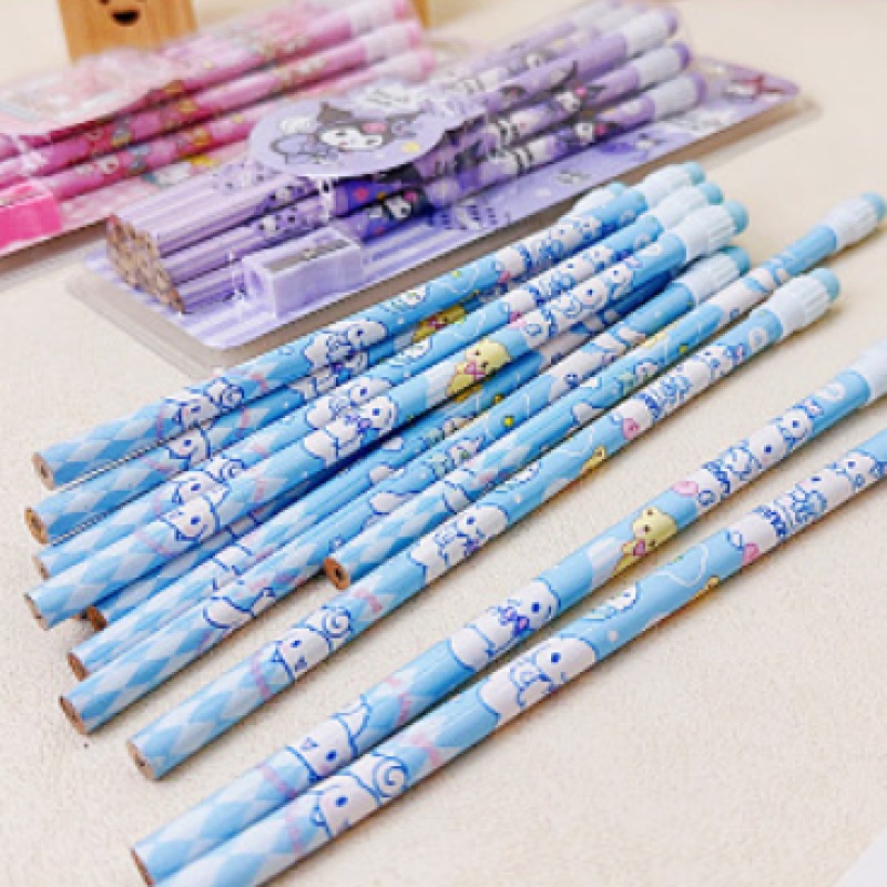 Clearance_12pcs Sanrio Cinnamoroll Kuromi Lápis HB de desenho animado fofo, 12 lápis e 1 conjunto de caixa de papelaria com rolo de lápis, escrita e Dr