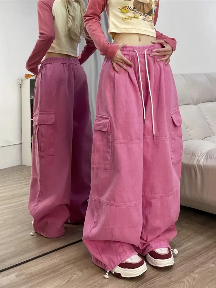 ドローストリング付きレディースバギーカーゴジーンズ、ストレートパンツ、ワイドレッグスウェットパンツ、レディースパンツ、カジュアルウェア、韓国ファッション、y2k,2024