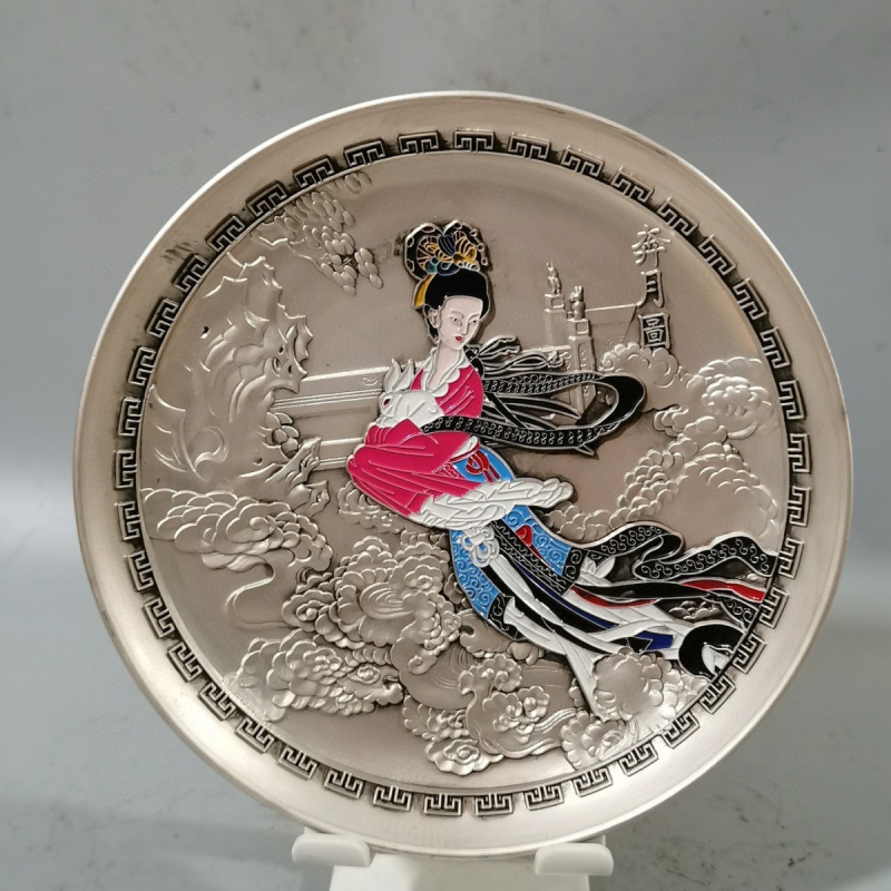 Antique Collection Qianlong Year Model Silver-Plated Painted Chang'e Flying Pan Decoration Sitting Plate Display Plate Home Deco