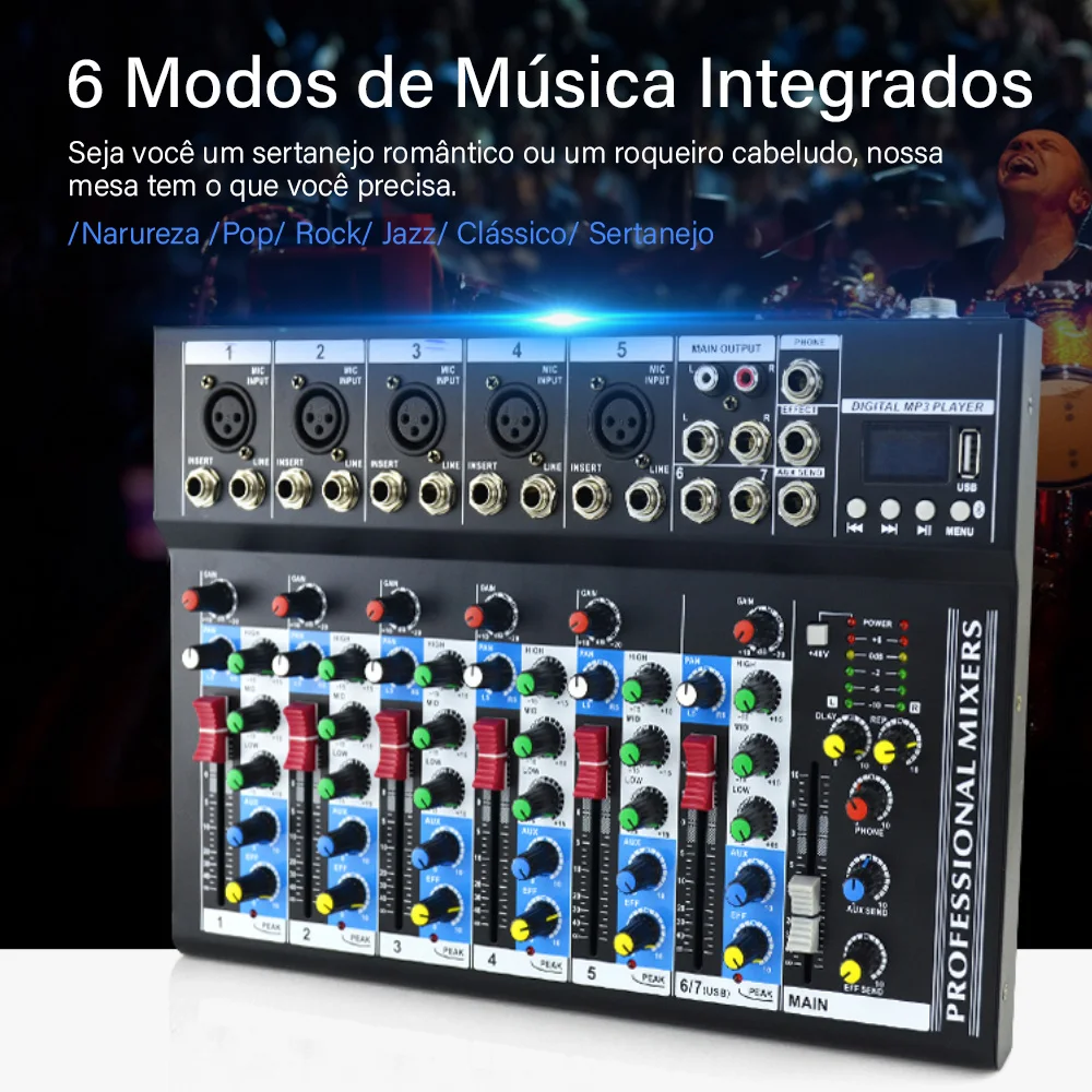 Vedo mixer portátil profissional de 7 canais, console de mixagem de som, reprodução de computador, mini mixer de áudio, transmissão de podcast