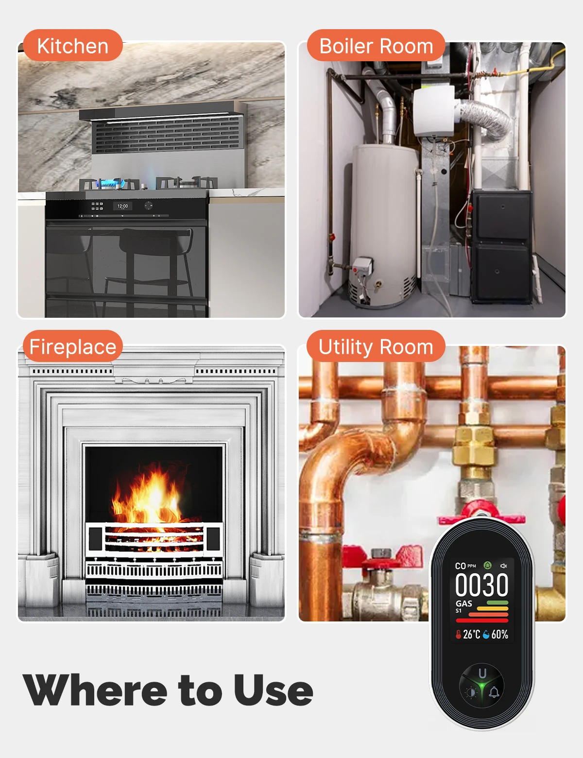 MOES 4-in-1 Plug-in Gas Detector for CO & Natural Gas, with Temp/Humidity Sensor, Alarm for LPG/Propane/Methane/Ethane​​
