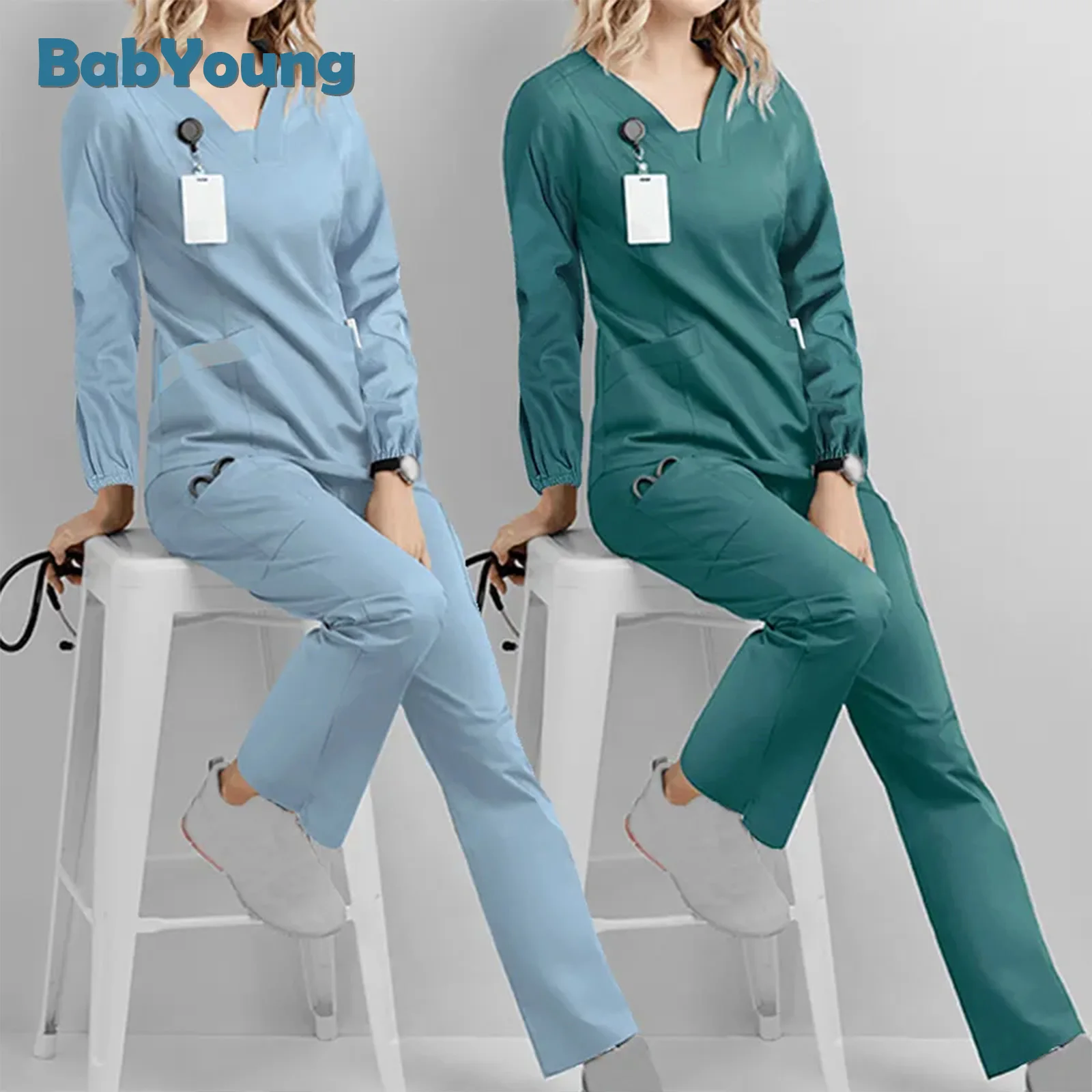 Scrubs Medical Uniforms Women 2023 Long Sleeve V-neck Pocket Care Workers T-shirt Tops Autumn Uniformes De Enfermera Mujer