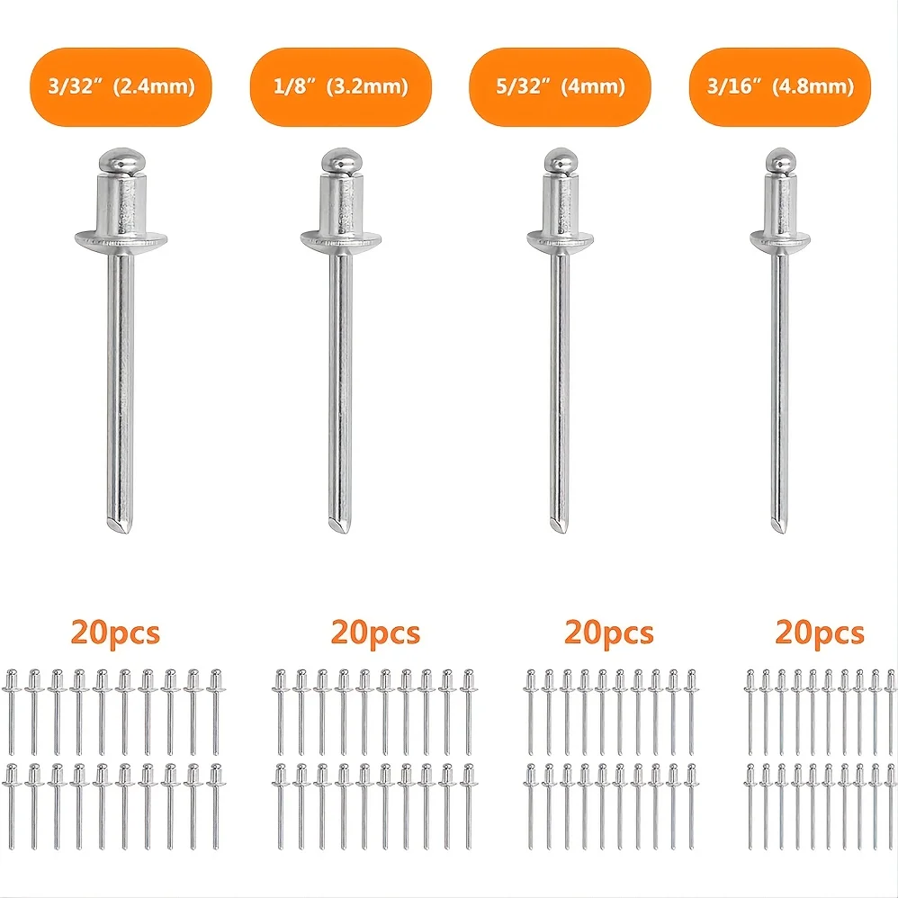 Kit de pistola de rebite manual de mão única resistente com 4 cabeças de rebite mutáveis e rebites de 80 unidades