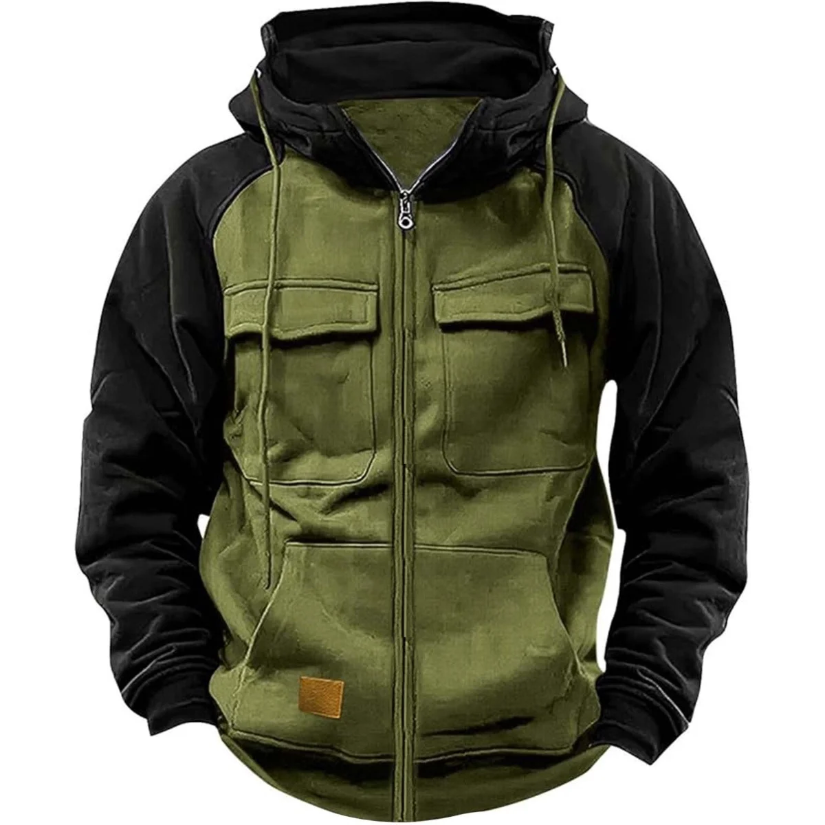 Sudadera con capucha para hombre, chaqueta polar de retales con cremallera, cálida, deportiva, Otoño Invierno, con múltiples bolsillos, capucha de moda