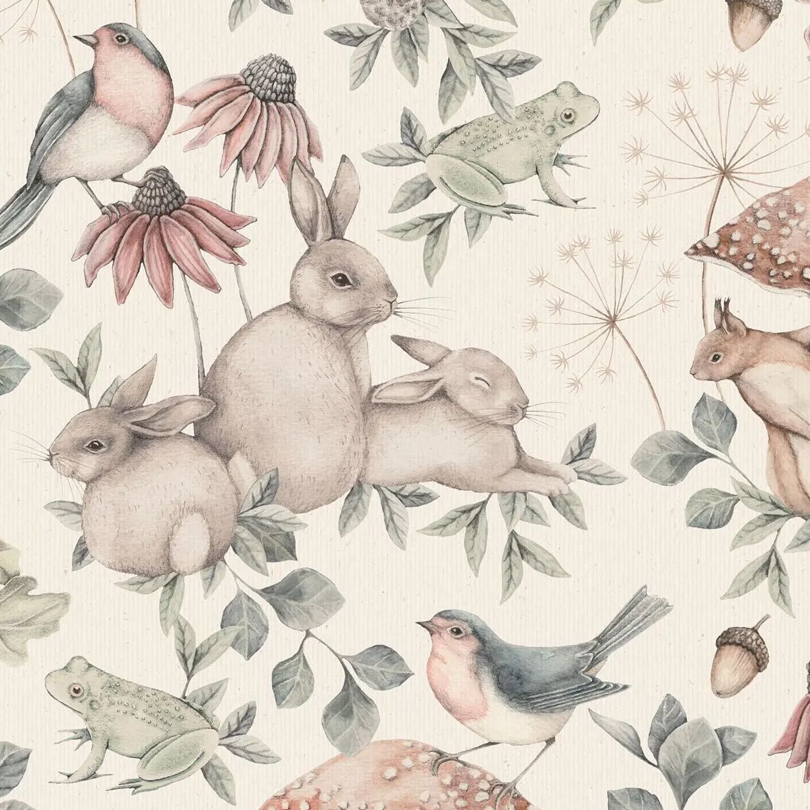 Magic fairytale landscape wallpaper for Kids with squirrels, robins, wood mice and rabbits