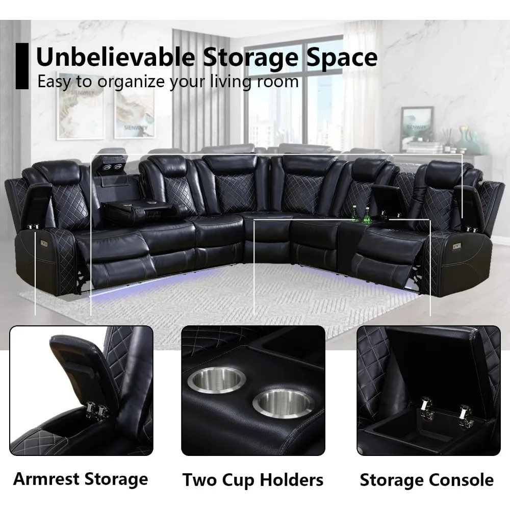 recliner.Black Leather Power Reclining Sectional Sofa，Sectional Couch with Recliner Living Room Set with LED Light/Read