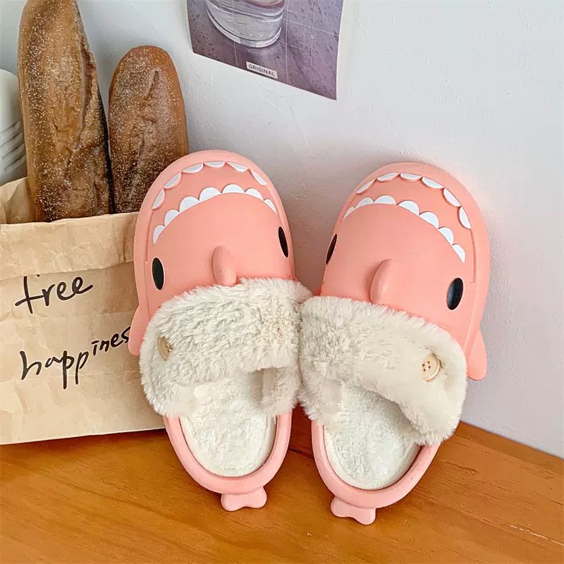 Shark รองเท้าแตะผ้าฝ้ายผู้หญิงกันน้ําฤดูหนาวในร่มลื่นสไลด์ Shark Flip Flops Plush Warm คู่รองเท้าแตะรองเท้าแบน