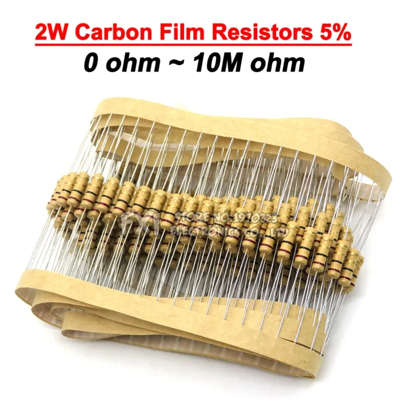 20 Chiếc 2W Carbon Bộ Phim Điện Trở 5% 1R-10M 10R 47R 100R 220R 1K 10K 4K7 100K 560K 1M 3M3 Ohm Ibuw Viền Màu Chống 200K 15R