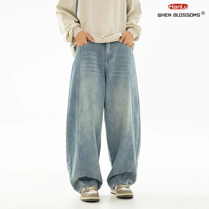 HANLU Frühjahrsneuheit 2025! Gewaschene Retro-Jeans für Herren in Übergröße, geschlitzte, gebogene Hose der trendigen Marke, locker und stilvoll