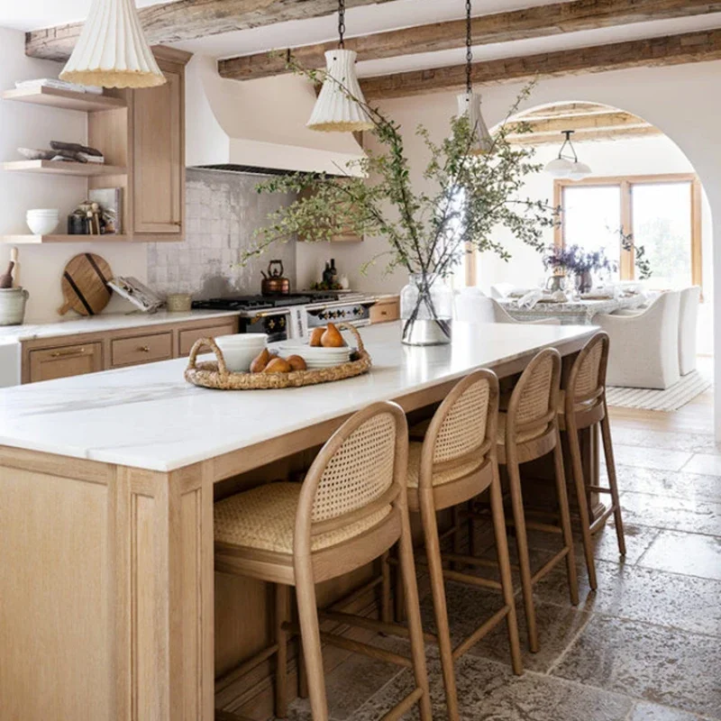 Nordic Light Luxury Solid Bar Chair Wood Vine Weaving Modern Minimalist Home Bar Desk High Feet Bench Small Fresh Front Chair