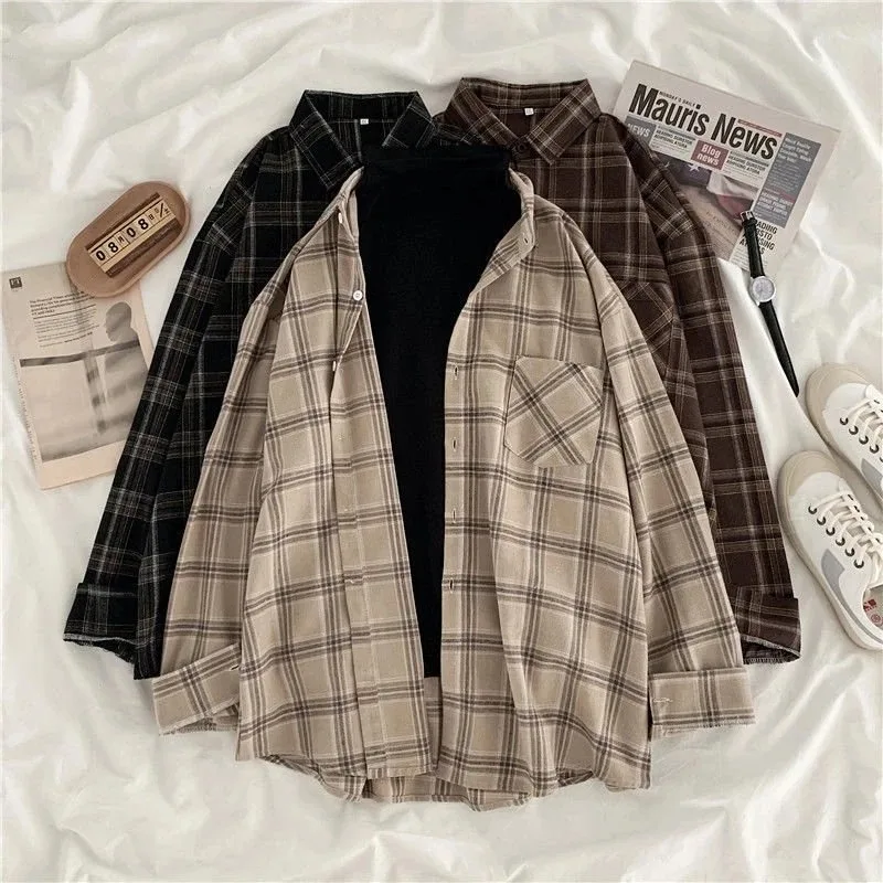Vintageลายสก๊อตเสื้อผู้หญิงฤดูใบไม้ร่วงแขนยาวOversizeปุ่มเสื้อเกาหลีแฟชั่นสบายๆฤดูใบไม้ร่วงOutwear Tops Blusas Mujer