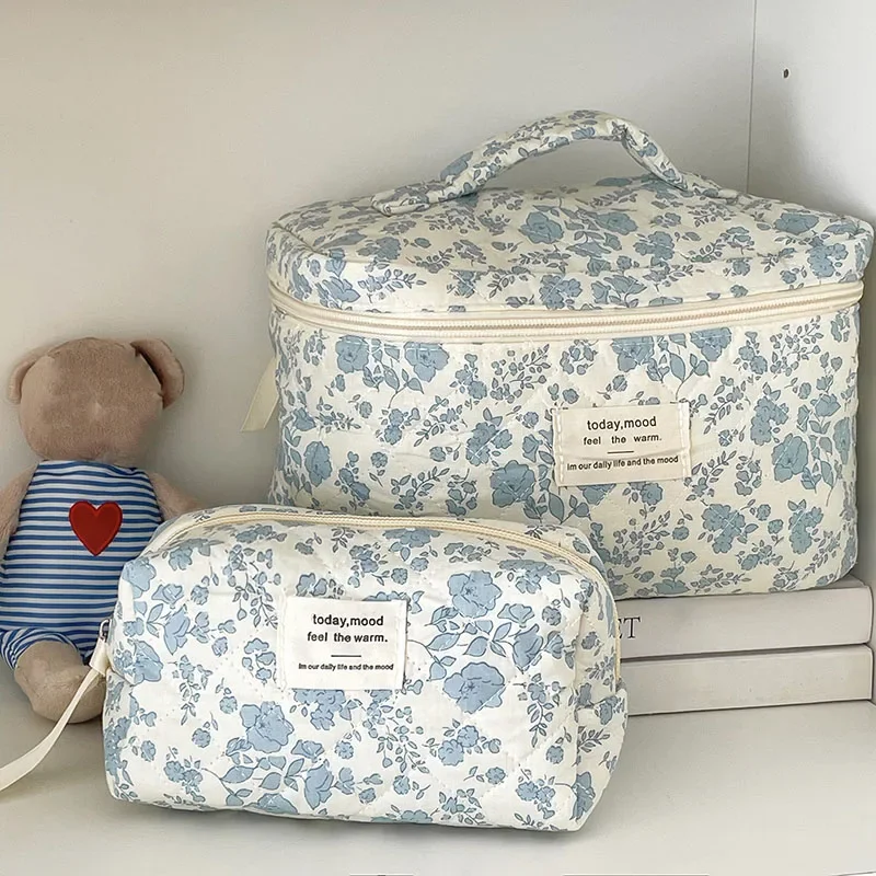 1 pz cotone fiore blu borsa per cosmetici da donna borse portaoggetti in tessuto piccola custodia per organizer da viaggio di grande capacità custodia per trucco da donna
