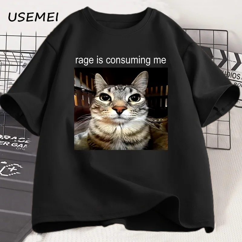 怒りは私を消費愚かな見つめる猫ミーム Tシャツカジュアルコットン半袖 Tシャツ男性女性猫恋人 Tシャツ特大