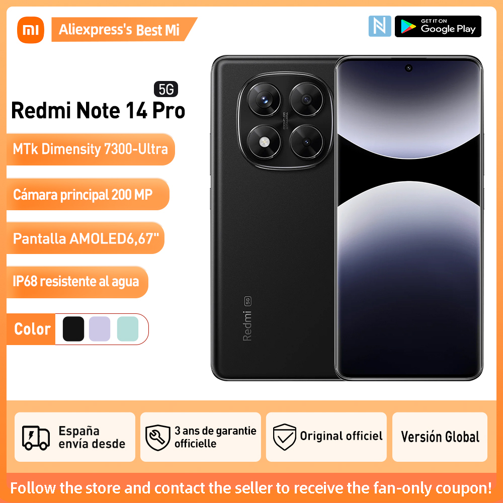 Xiaomi Redmi Note 14 Pro 5G Versão Global 256GB/512GB  MTK Dimensity 7300-Ultra 6,67" Ecrã AMOLED, 120Hz, 200MP Câmara principal OIS , IP68, NFC, Sem Carregador
