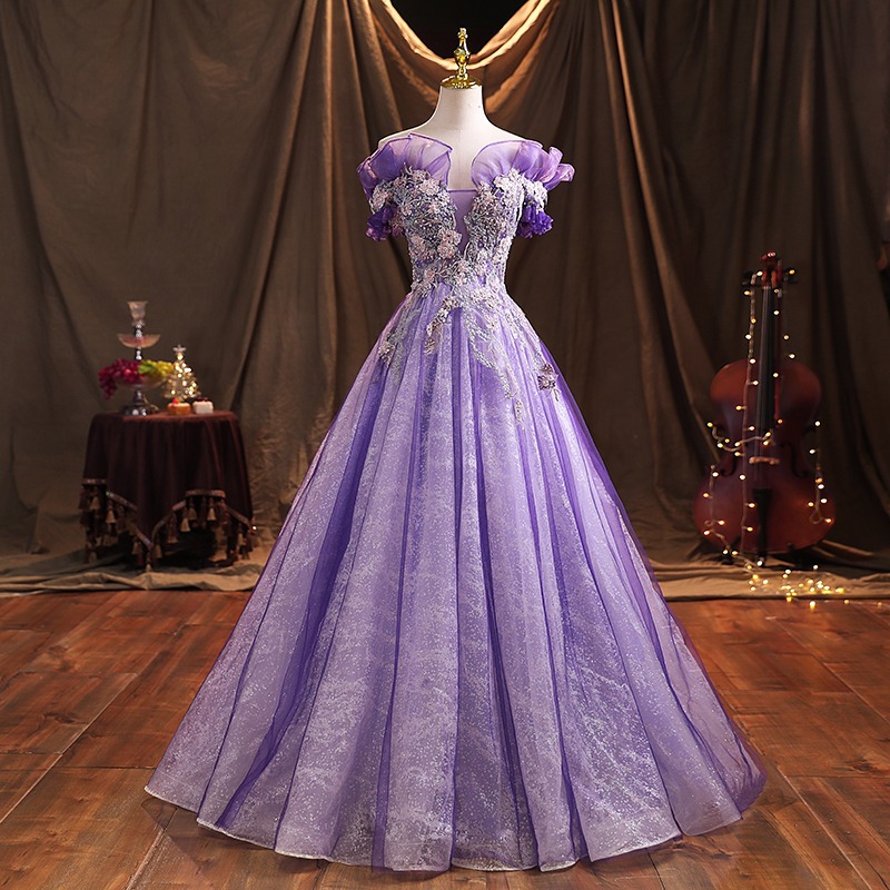 Nova linha de ombro princesa pommel vestido hospedagem vestido de jantar roxo para senhoras outono