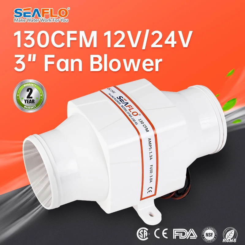 Seaflo-ventil ador de sentina en línea, 3 ", 75mm, 130cfm, dc 12v, 24v, 4 hojas, para barco marino, rv, escape de aire, SFIB1-130