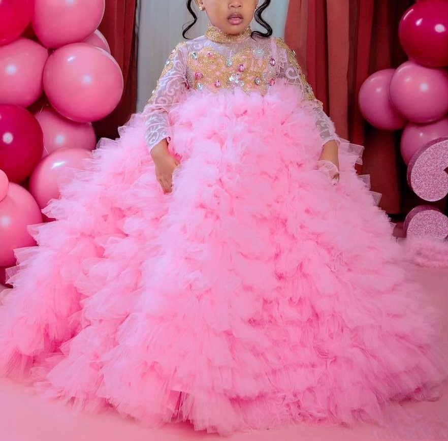Layered ดอกไม้สาวชุด Tulle อัญมณีเลื่อมแขนยาวเจ้าหญิงเด็กของขวัญวันเกิด Ball First Communion Gowns