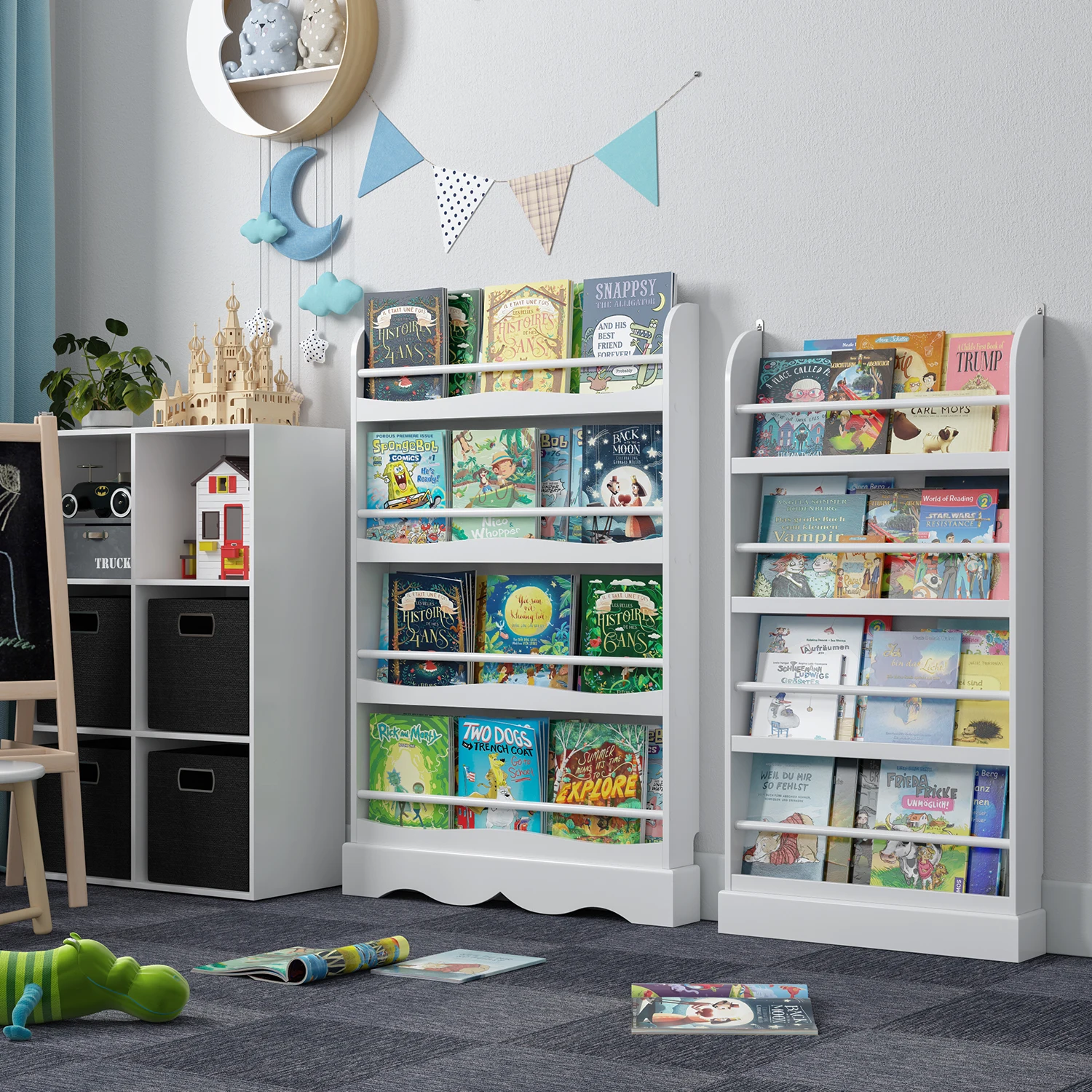 Getone Libreria per bambini, libreria per bambini a 4 livelli, espositore bianco ripiani autoportanti 118x80x11,5 cm