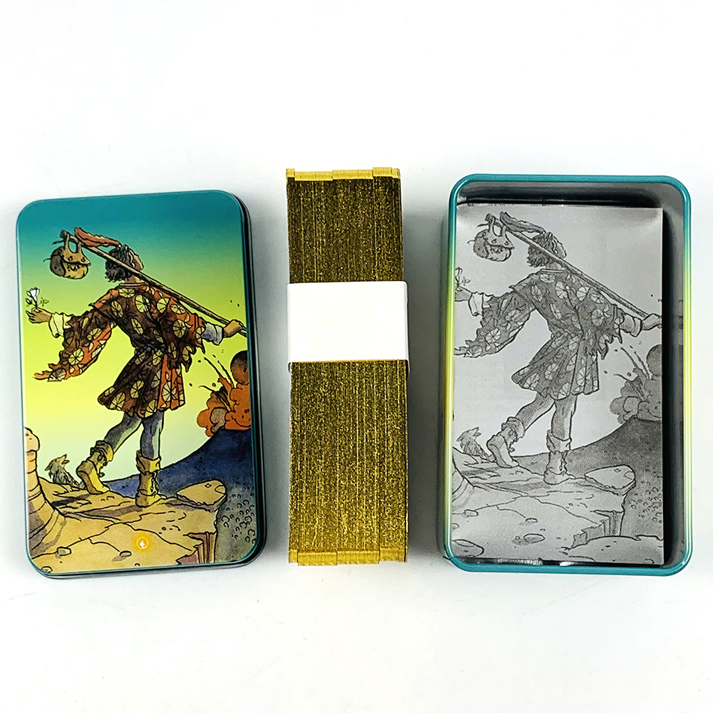 Wysokiej jakości metalowe pudełko z cyny na karty tarota, 78 kart, złocone brzegi, podręcznik dla początkujących, gry na Halloween i Boże Narodzenie.