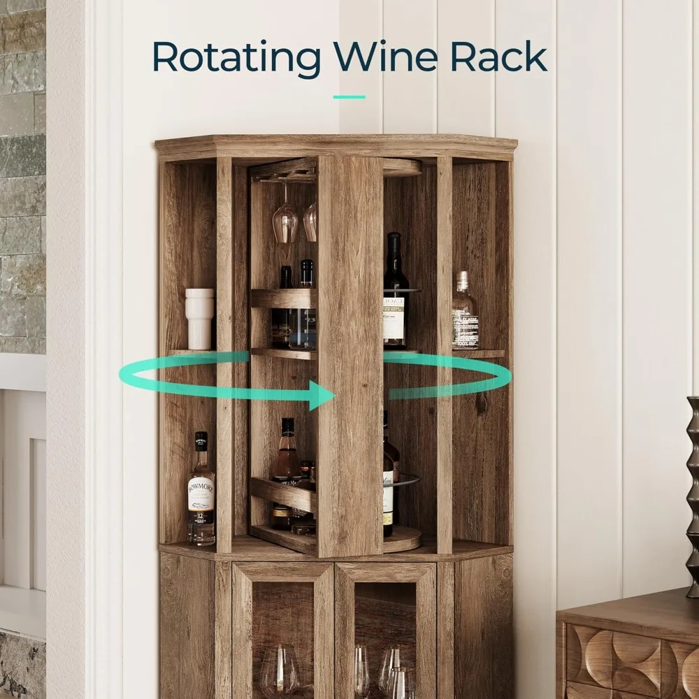 Corner Bar Cabinet, 68.5" Tall Farmhouse Wine Cabinet with Rotating Liquor Shelves, Home Bar Cabinet with Barn Door &Adjustable