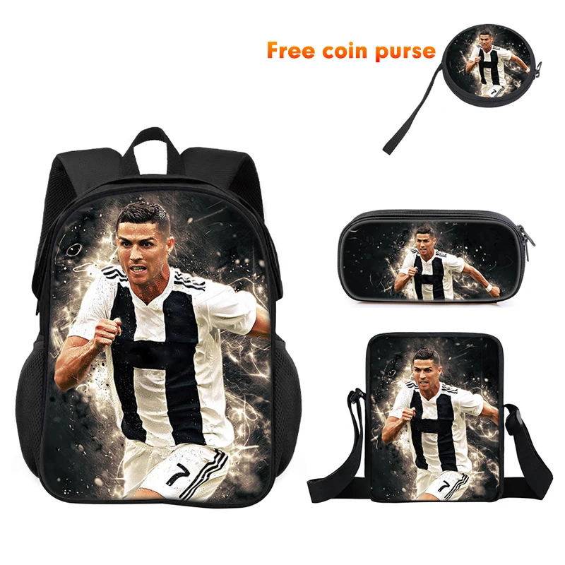 Ronaldo 3Pcs 세트 학교 배낭, 스포츠 어깨 가방, 연필 가방 CR 배낭, 소년 소녀를위한 축구 스타 만화 학교 가방