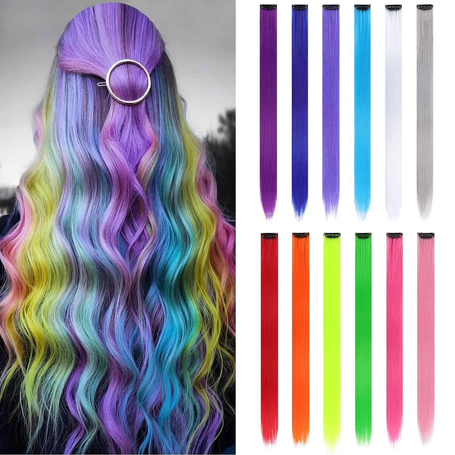 22-Zoll-farbige Highlight-Kunsthaarverlängerungen, Regenbogenfarben, lange, glatte Haarteile für Frauen, Kinder, Mädchen, Lila, Rosa, Blau