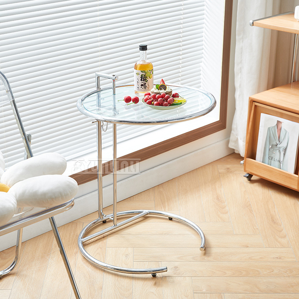 Heben transparenten Couch tisch Edelstahl Glas runden Haushalts sofa Beistell tisch Couch tisch