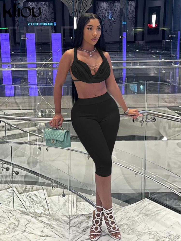 Kliou-女性用ショートトップとショーツのセット,2ピースのマッチングセット,ホルターネック付きショートトップ,セクシーでクラシックなスタイル,新しい