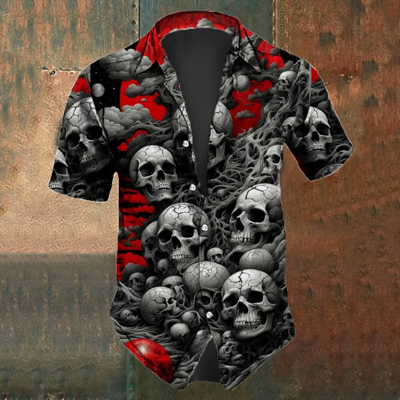 Camicie con teschio da uomo Camicia casual estiva a maniche corte per uomo Nero Bianco stampato Abbigliamento da uomo Camicie con risvolto oversize larghe Top