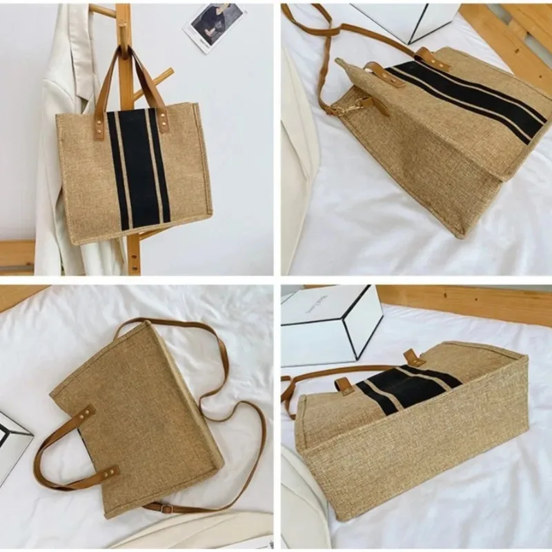 Eenvoudige damestas met grote capaciteit, casual schoudertas, canvas gestreepte decoratieve emmervormige handtas, handtas met handvat aan de bovenkant