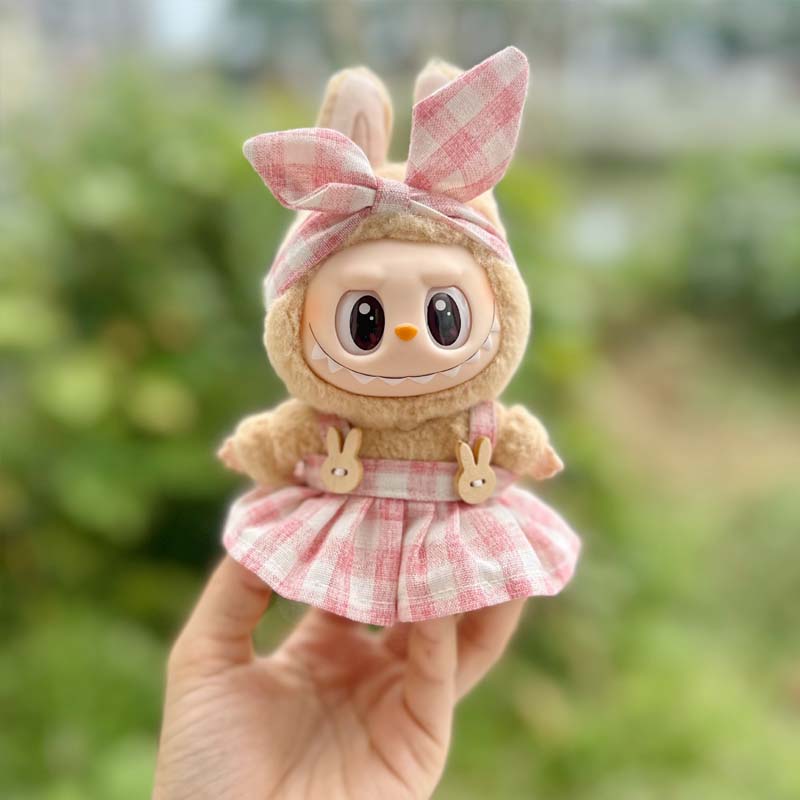 Mini roupas de boneca de pelúcia, acessórios para labubu idol v1 v2, festa sentada, saia xadrez, conjunto de roupas, brinquedos