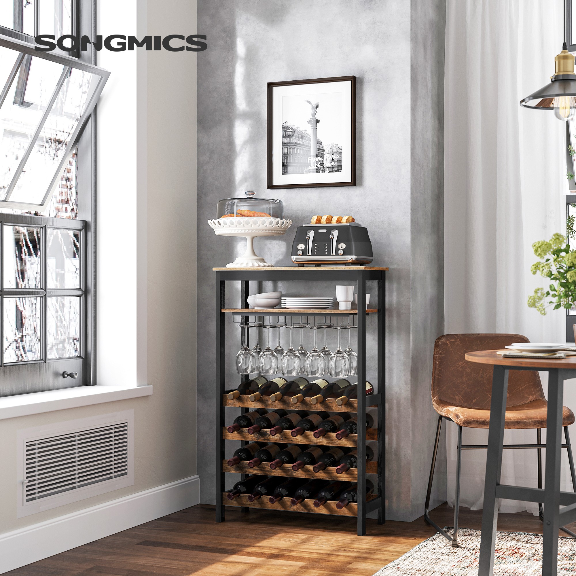 SONGMICS Wine Rack independiente para 24 botellas con soporte para vidrio, sin oscilación, cocina, bar, comedor, estante de almacenamiento para exhibición