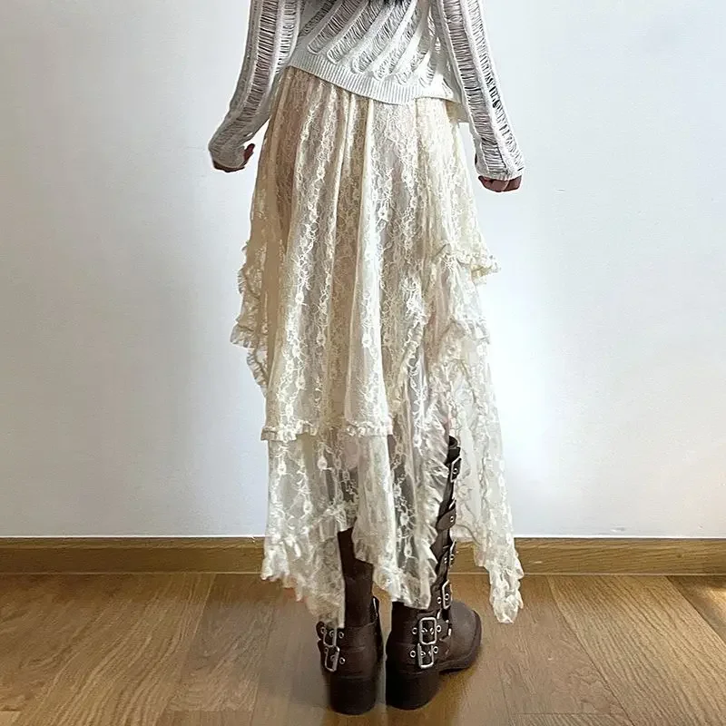 Deeptown-Falda asimétrica de encaje para mujer, faldas de cintura alta, Estilo Vintage, Y2K, bohemio, a la moda, para vacaciones