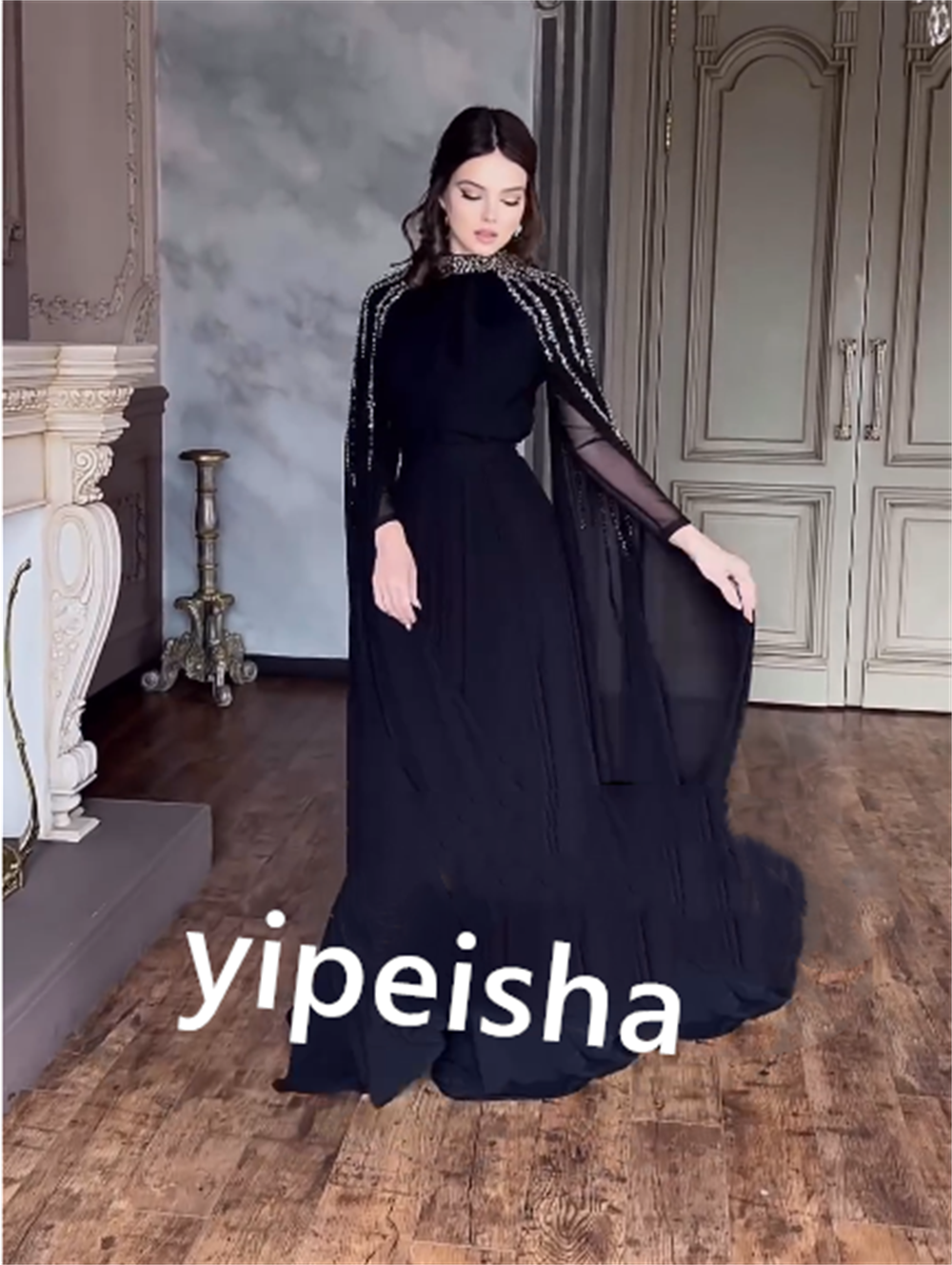 ที่กําหนดเองชีฟองจีบประดับด้วยลูกปัดพรหมตรงคอสูง Bespoke โอกาสชุดเดรสยาว