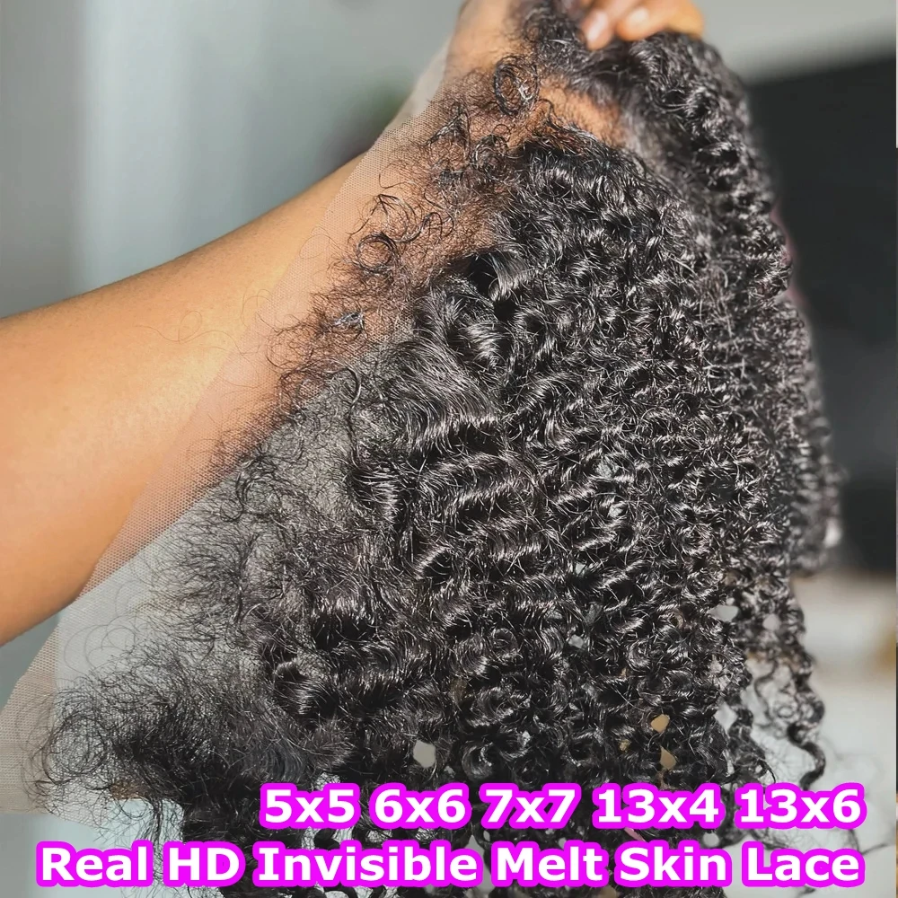 Invisible HD Lace Frontal Cabelo Humano, Afro Encaracolado, Profundo Encaracolado, Linha Fina Natural PrePlucked, Encerramento 5x5, Bordas 4D, Encerramento de Renda 5x5
