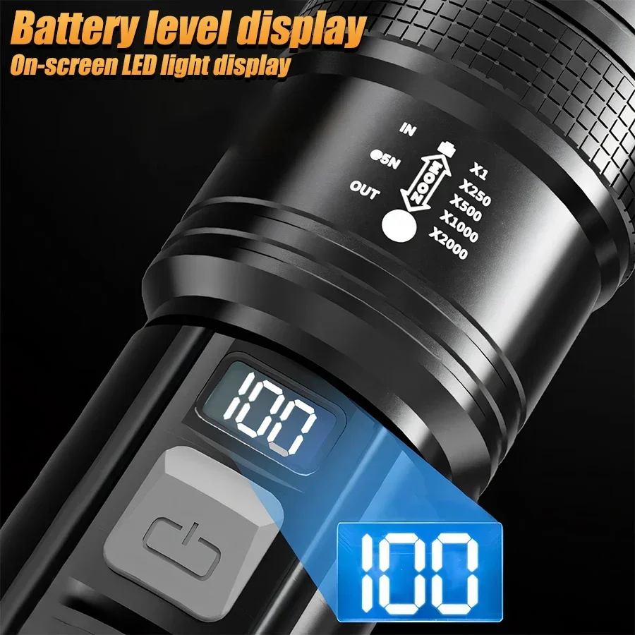 Superhelle LED-Taschenlampen, leistungsstarke wiederaufladbare Batterie, Display-Taschenlampe, taktische Zoom-Taschenlampe, Outdoor-Camping, Angellampe
