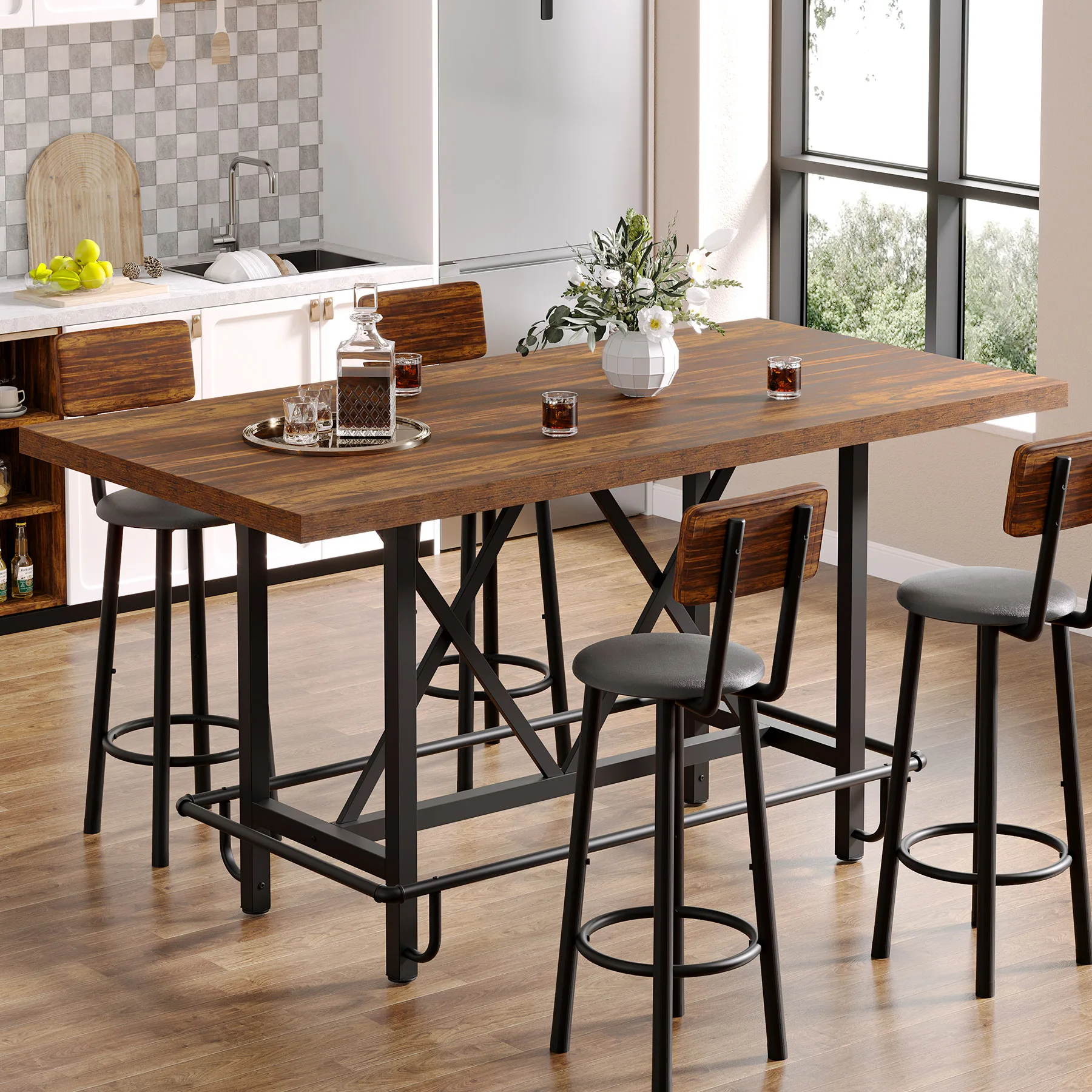 Tribesigns Rectangular Counter Height Dining Table with Metal Footrest for 6 People, 35.43" Tall