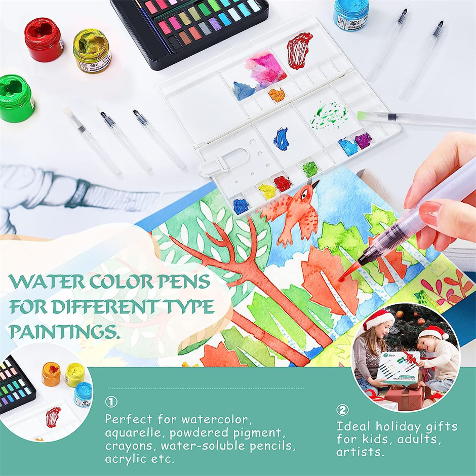 12/24pcs Watercolor Brush Pens Water Brush Pen Leakproof With Assorted Tips, Water Brush Pens For Watercolor,