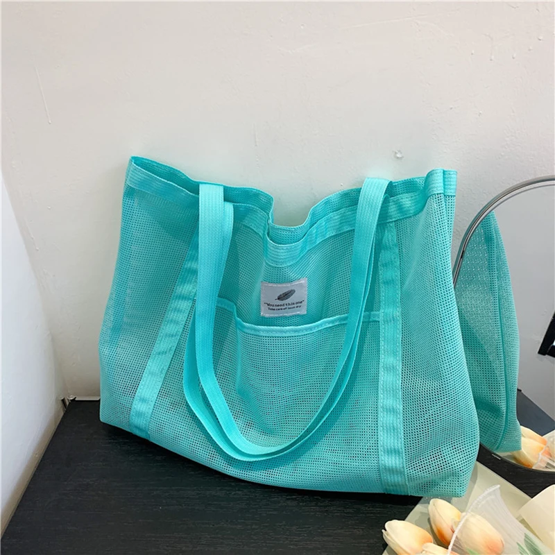 Bolsa de ombro de malha transparente feminina moda portátil compras viagem praia malha net tote bolsa
